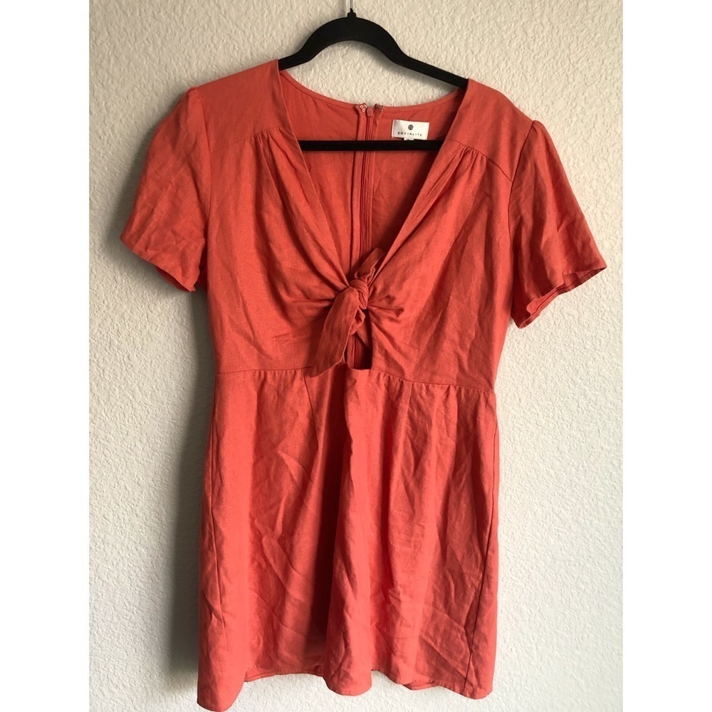 Socialite XL red front tie linen dress with split underneath reddish orange
